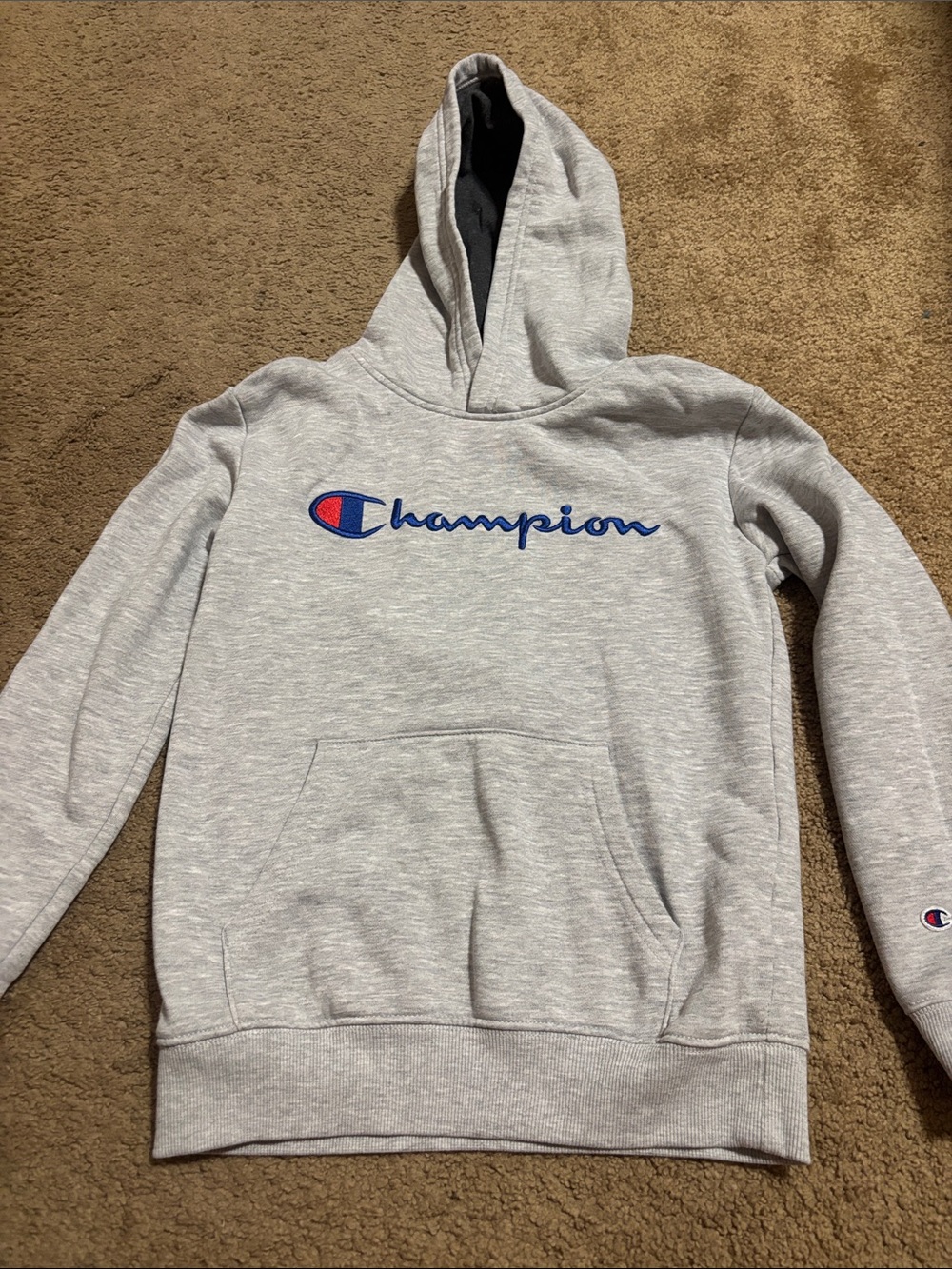 Champion Gray Hoodie with Blue Script and Red Accent